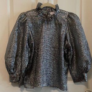Hunter Bell New York Silver Puff-sleeve sheer blouse with matching black cami